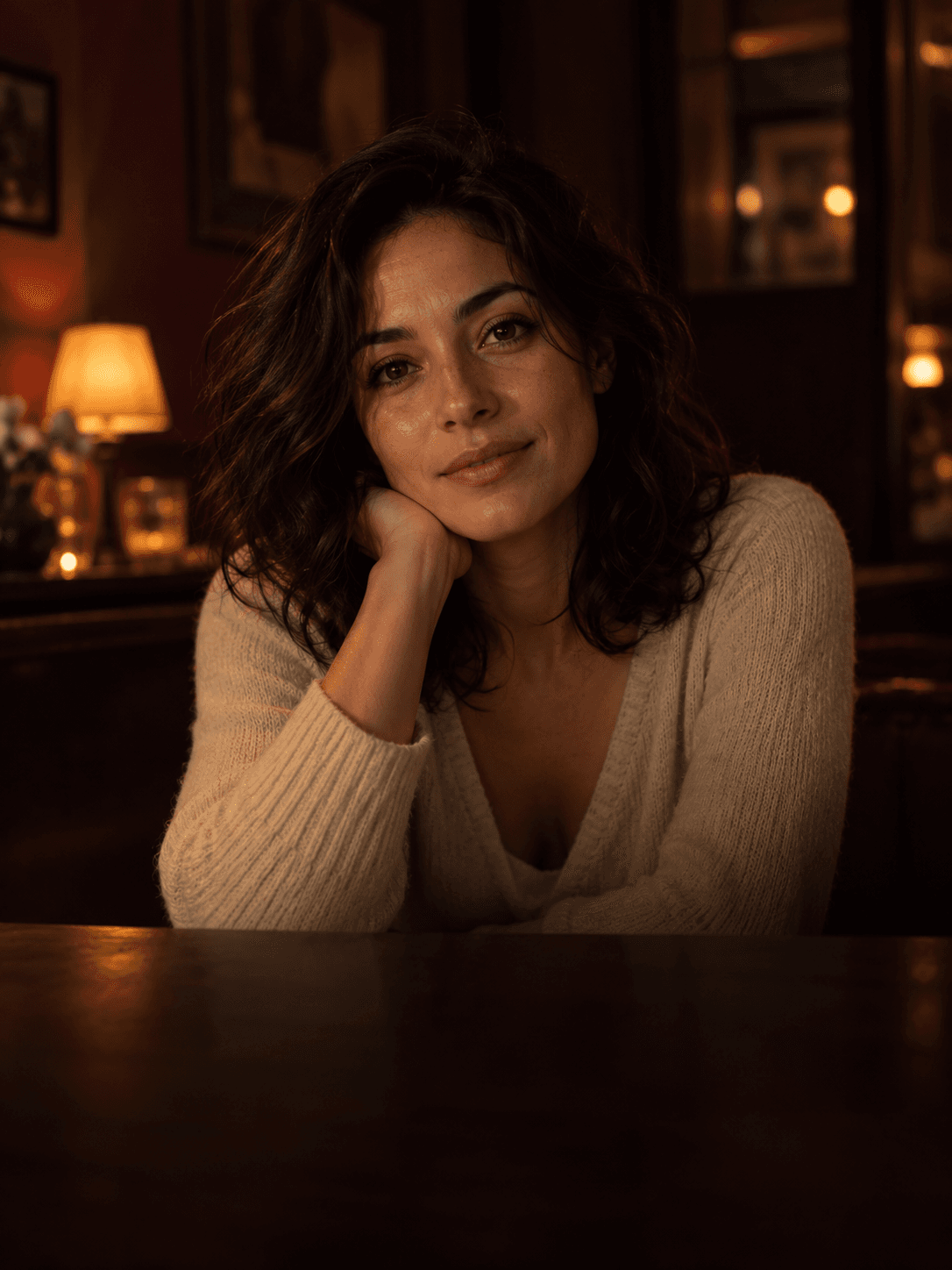 Mira, an illustrative AI character, sitting in a softly lit café.
